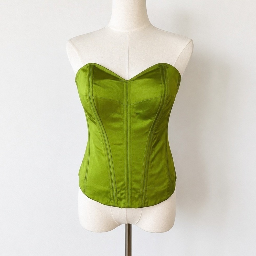 Vintage Lime Green Satin Boned Overbust Corset Y2K Strapless 34B